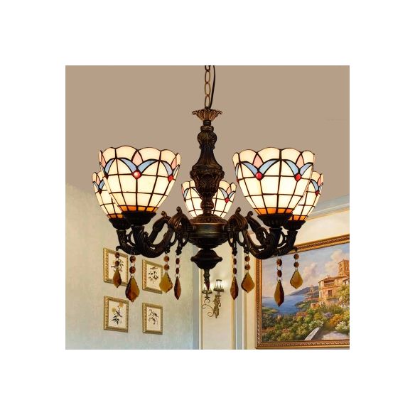 Domed Inverted Chandelier Retro Style Stained Glass 5 Lights Hanging Pendant with Tulip Pattern