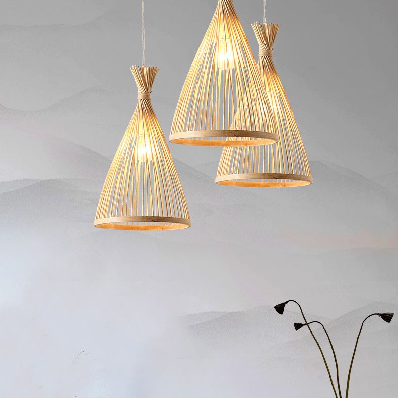 Conical Pendant Light Fixture Chinese Minimalist Bamboo 1 Light Restaurant Suspension Pendant