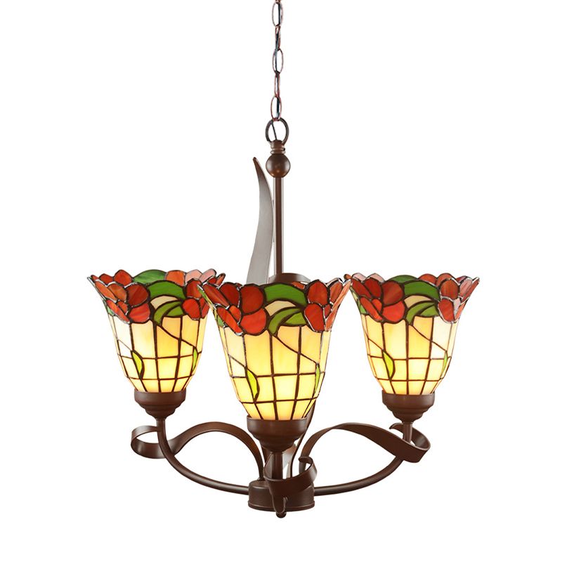 En verre coupé en verre rouge pendentif lumineux fleur 3/5 lumières de plafond méditerranéen pour la cuisine