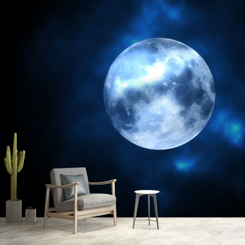 Contemporary Full Moon Mural Non-Wove Washable Black-Blue Wall Art for Living Room