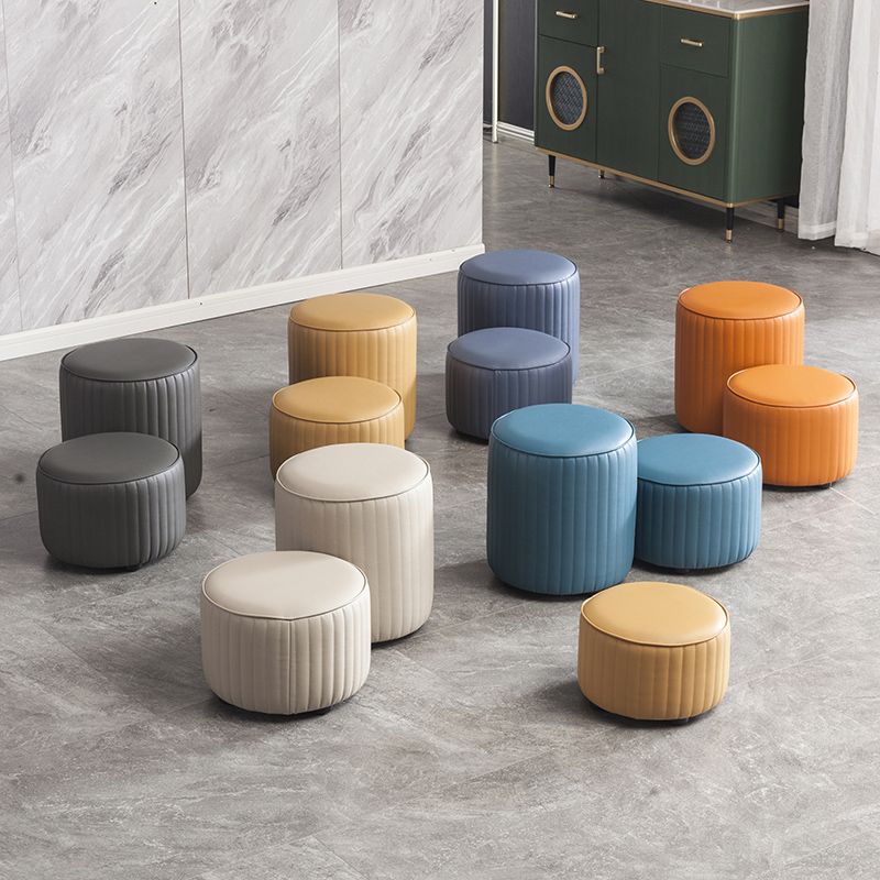 Contemporary Pouf Ottoman Genuine Leather Upholstered Solid Color Cylinder Shape Ottoman