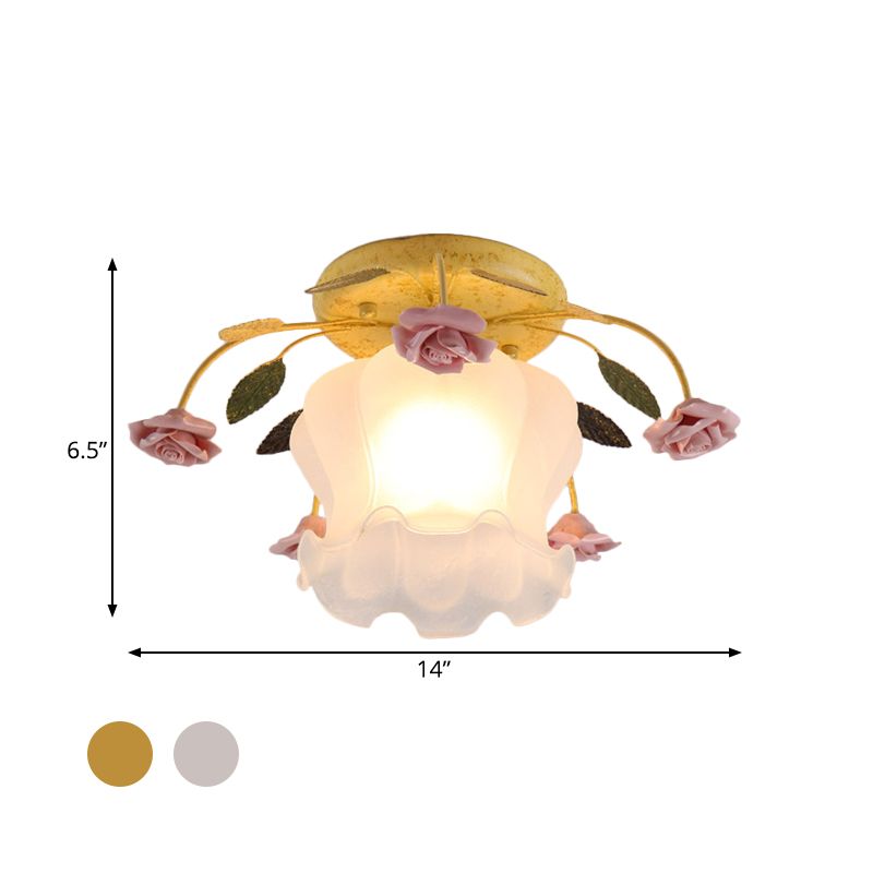 Flowerbud Cream Matte Glass Semi Flush Pastoral 1 Bulb Corridor Ceiling Mount Light in Yellow-Pink/White-Pink