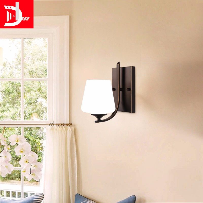 White Glass Black Sconce Lamp Cup-Like Single Bulb Retro Style Wall Mounted Lighting with Rectangle Metal Backplate