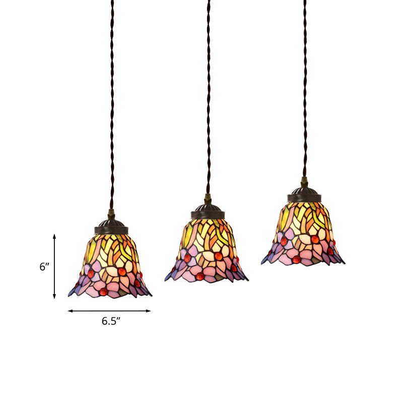 3-Licht-Speisesaal Multi-Pendelleuter leichter mediterraner rosa/blau/grün hängende Lampe mit ausgestattetem/kuppelfleckigen Glasschatten