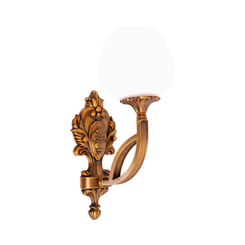 Tulip White Glass Wall Light Sconce Country 1/2-Bulb Living Room Wall Lighting Fixture in Brass with Curved Arm