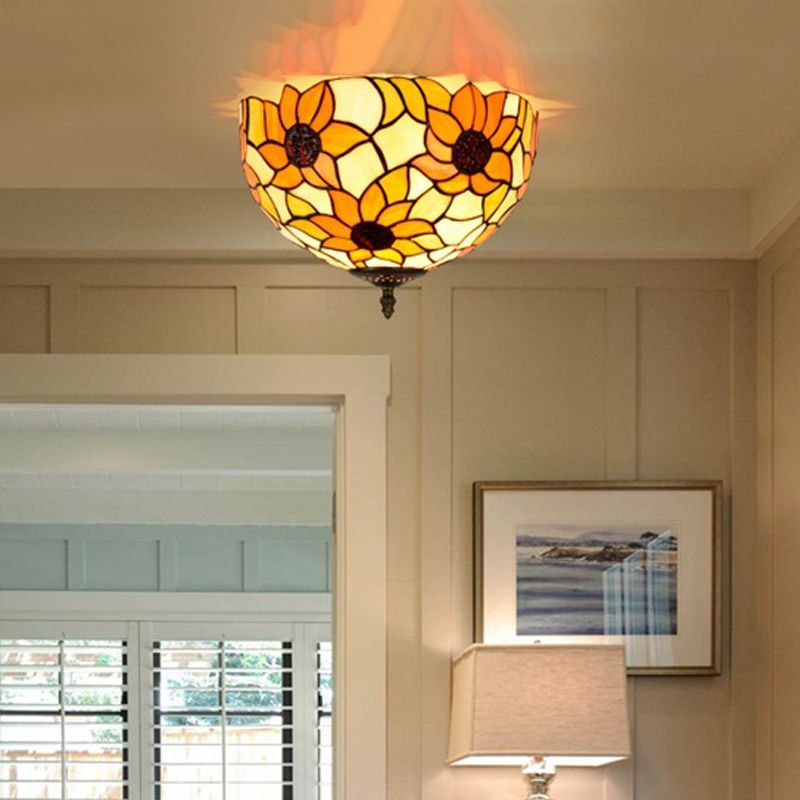 Stained Glass Sunflower Ceiling Fixture Tiffany 2/3 Lights Yellow and Green Flushmount Ceiling Lamp, 12"/16" W