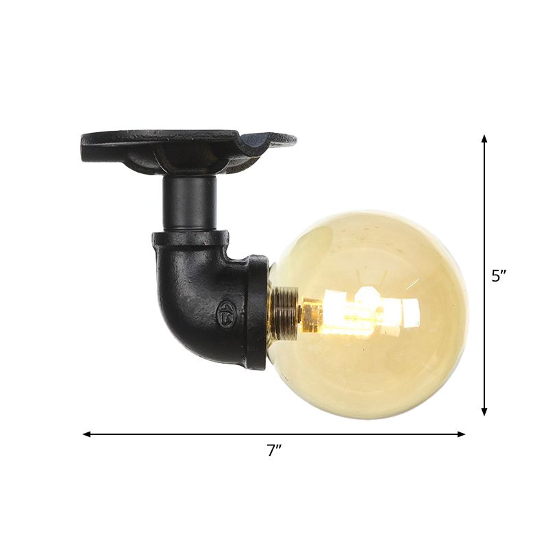 1-Light Ball Semi Flush Mount Light Vintage Black Finish Amber Glass Ceiling Lamp Fixture