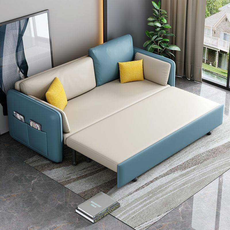 Faux Leather Sofa Bed Contemporary Square Arm Convertible Sofa in Blue