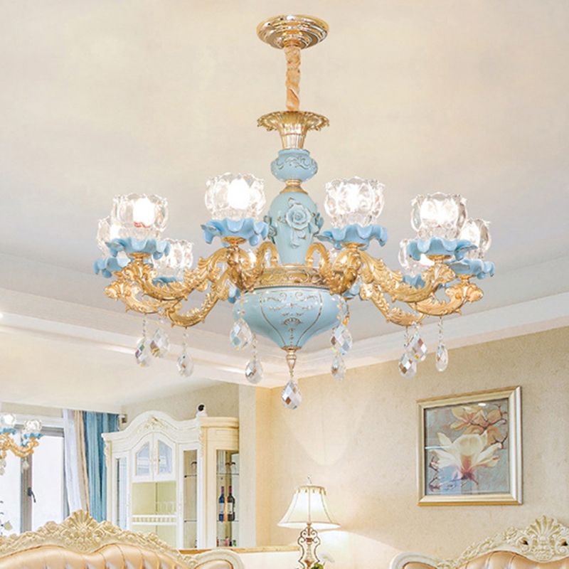 Flower Ribbed Glass Chandelier Lighting Classic Living Room Pendant Light with Crystal Draping in Blue
