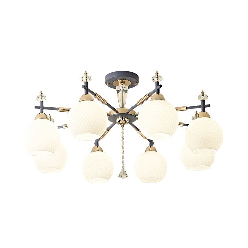 8 Bulbs Living Room Chandelier Light Modern Grey Pendant Lighting Fixture with Orb Milk Glass Shade