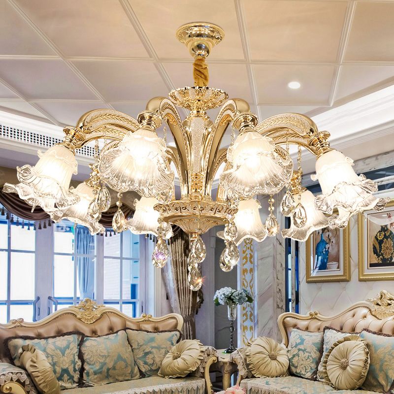 Ruffled Bell Textured Glass Chandelier Light Retro Living Room Hanging Light with Hanging Crystal in Gold