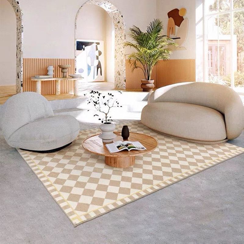 Light Brown Grid Pattern Rug Polyester Modern Rug Stain Resistant Rug for Living Room