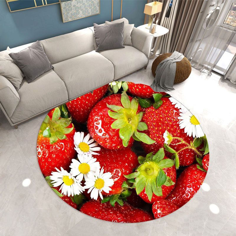 Round Strawberry Print Carpet Polyester Modern Rug Stain Resistant Indoor Carpet for Home Decoration