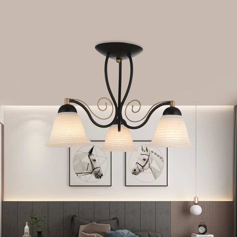 Bell Bedroom Semi Flush Mount Rustic Opal Glass 3 Heads Black Ceiling Light Fixture