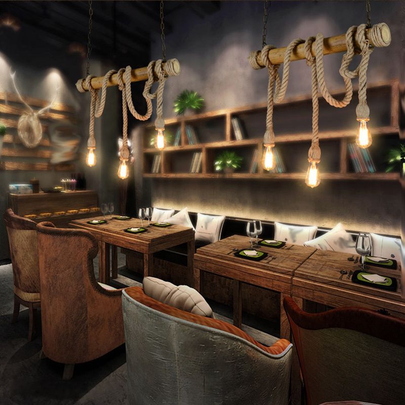 Bamboo 3 / 6 - Light Island Light Industrial Ceiling Pendant with Hemp Rope
