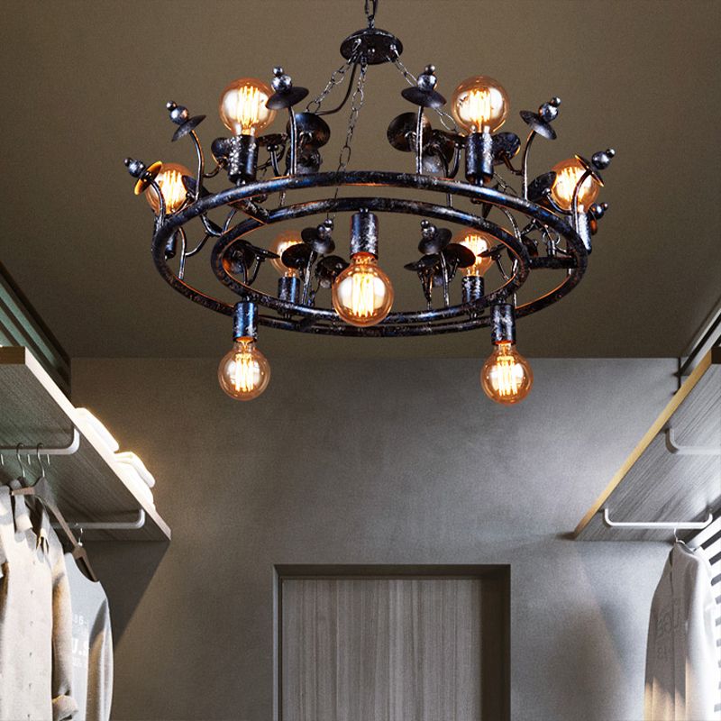 Multi Light Round Chandelier Light Open Bulb Metal Rustic Pendant Lighting in Black