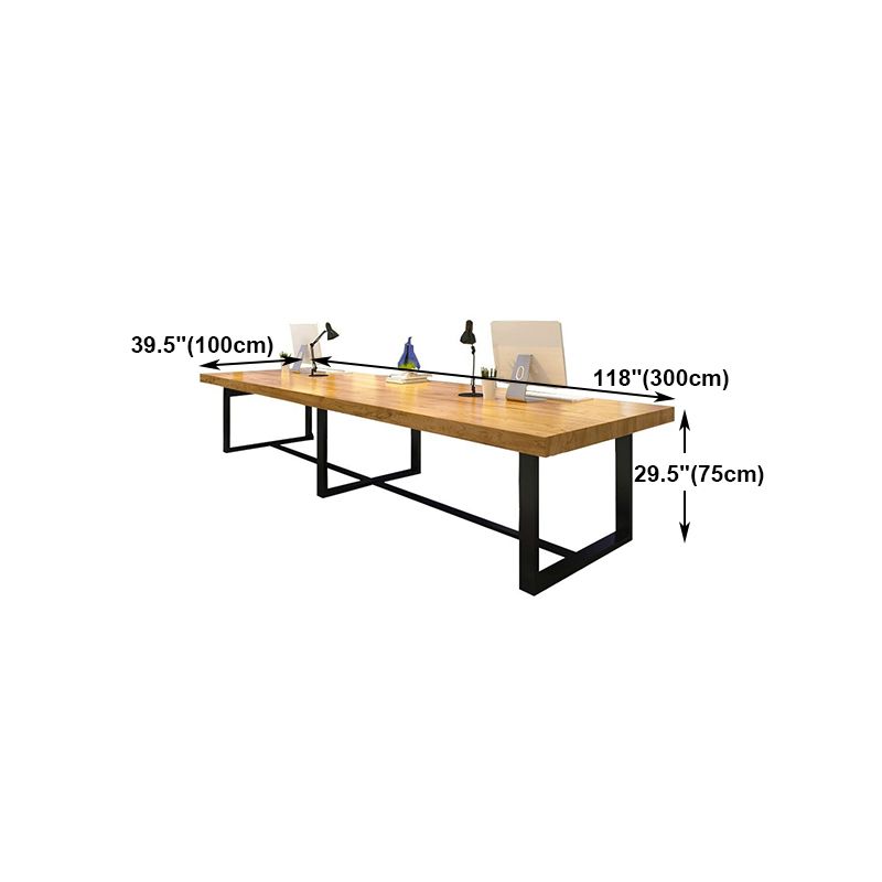 Mesa de comedor rectangular industrial de metal, mesa superior de madera maciza de pino con base de caballete