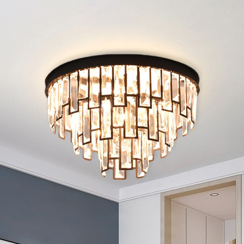 4/6-Bulb Tiered Tapered Flush Chandelier Vintage Black K9 Strip Crystal Flush Mounted Ceiling Light Fixture