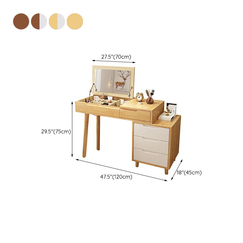Scandinavian Wood Vanity Set Flip-Top Makeup Dressing Table with 4 Drawers