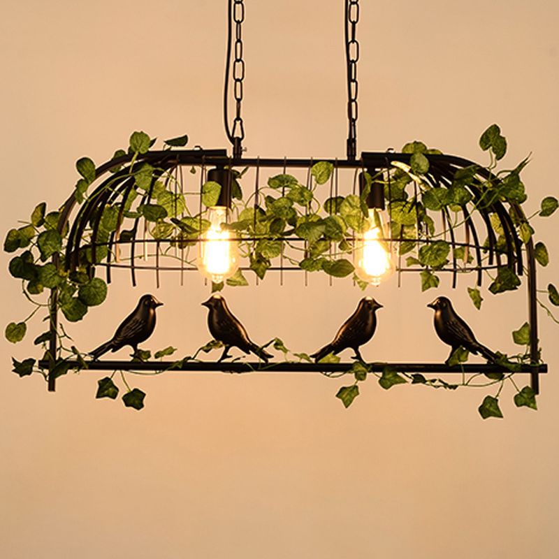 Rustic Birdcage Island Light Fixture Metallic Ceiling Pendant Light with Artificial Ivy for Restaurant