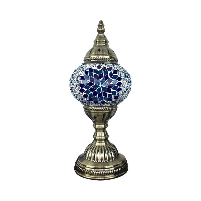 Single Night Stand Light Turkish Bedroom Table Lamp with Spherical Yellow/Red/Blue Glass Shade in Bronze