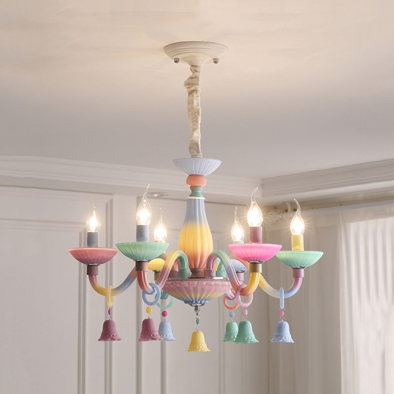 6 Lights Candle Hanging Light with Bell Deco Modern Glass Colorful Chandelier for Girl Bedroom