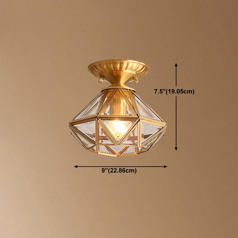 Vintage Prismatic Ceiling Flush Mount Glass Semi Flush Mount Light in Brass