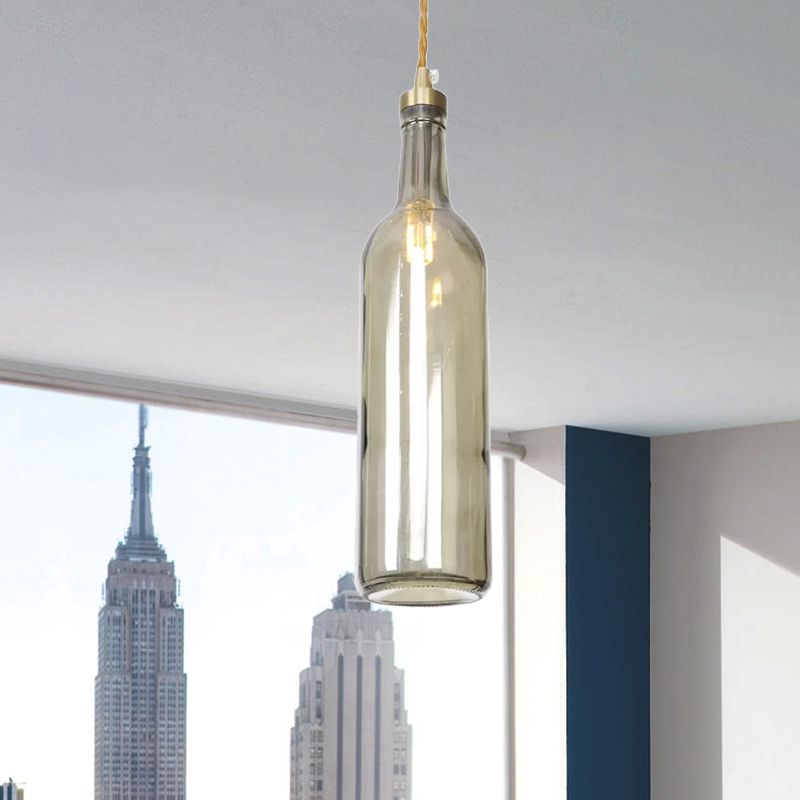 Industrial Wine Bottle Hanging Lamp 1 Light Glass Ceiling Pendant Light with Adjustable Cord in Smoke Grey/Green