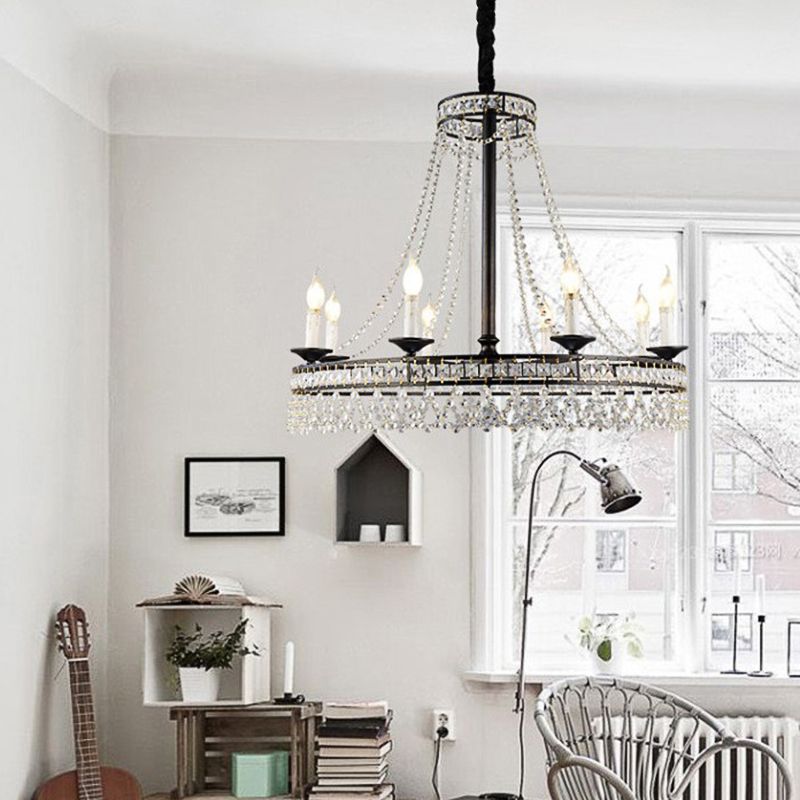 Black Round Chandelier Lamp Nordic Crystal 4/6/8 Heads Pendant Lighting Fixture for Living Room
