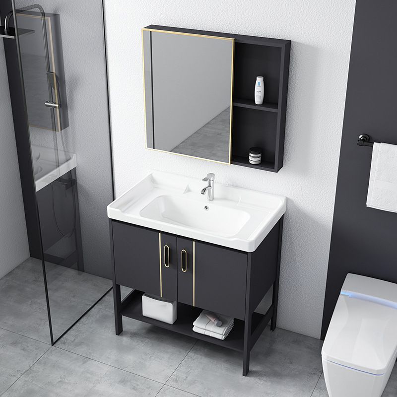 Single Sink Vanity Shelving Included Metal Frame 2 Doors Freestanding Modern Vanity
