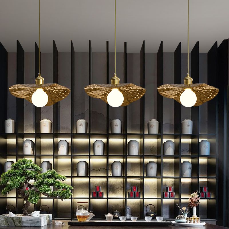 Hammered Metal Lotus Leaf Pendant Lamp Creative Postmodern 1-Light Brown Hanging Ceiling Light