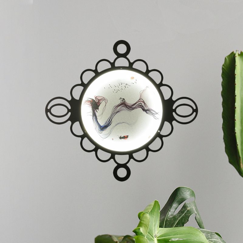 Mountain Painting Metal Mural Lamp Chinese Style Black LED Wall Mount Lighting with Circles Edge