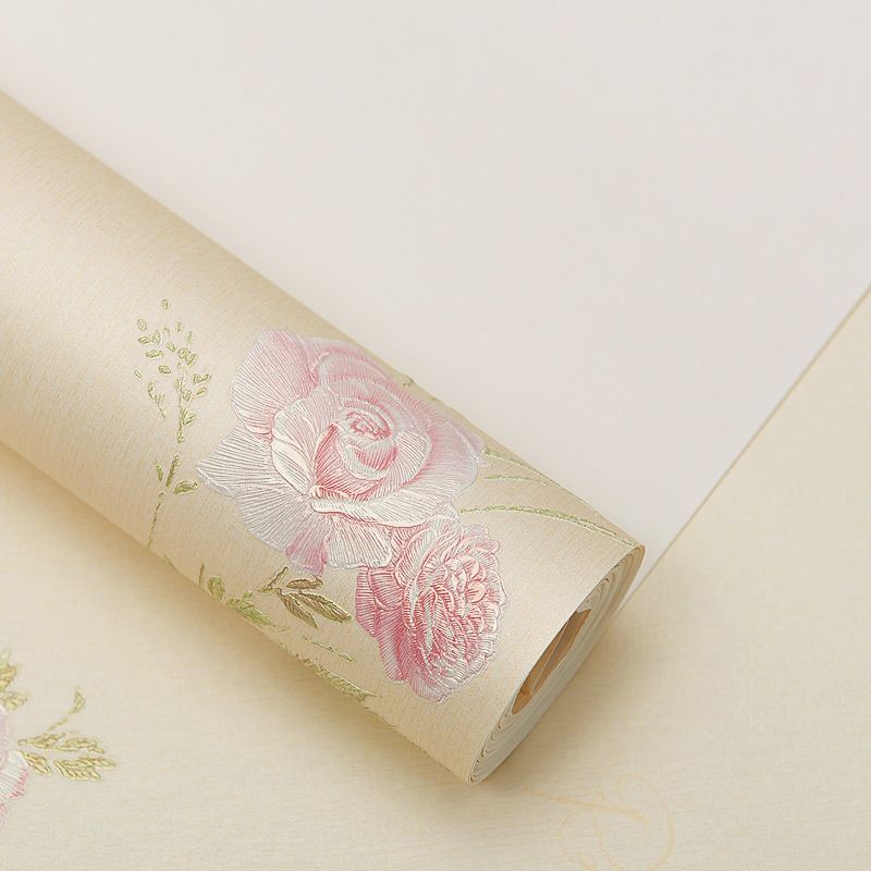 Beautiful Rose Embroidered Wallpaper for Bedroom Decoration, Pink-Beige, 54.2-sq ft