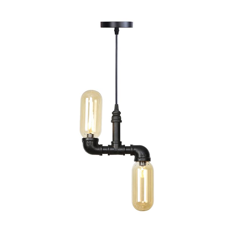 Amber Glass Black Suspension Light Pill Capsule 2-Light Industrial LED Chandelier Pendant Lamp