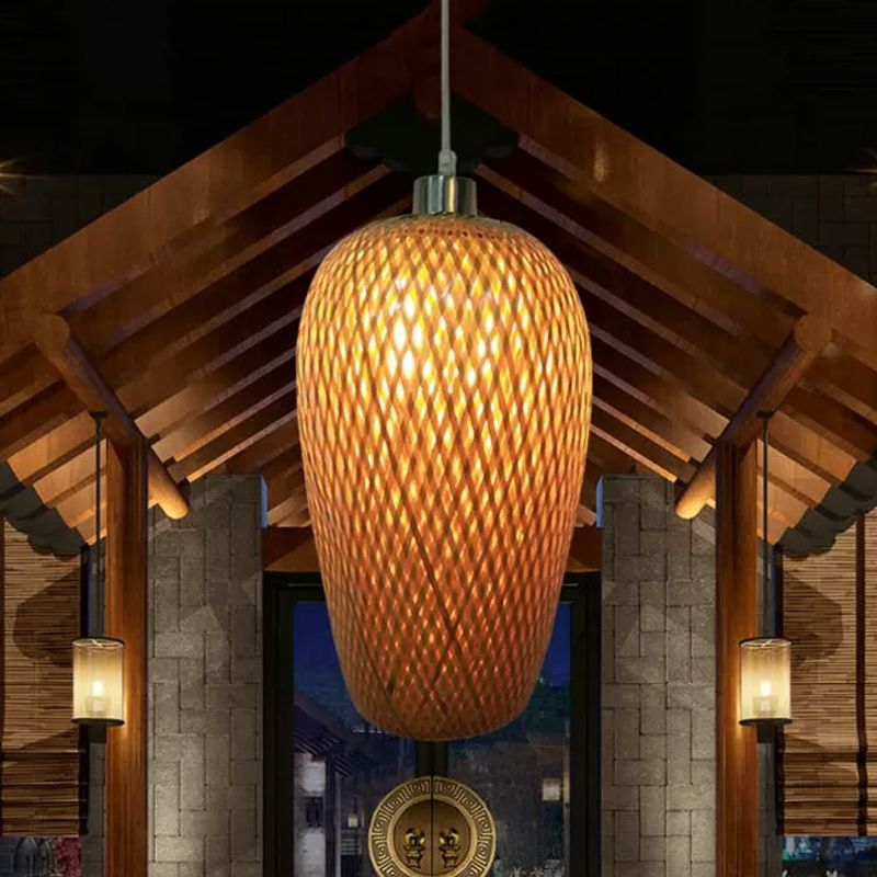 1 bulbo de restaurante iluminación colgante tradicional kit de lámpara colgante de madera con sombra de bambú de tejido