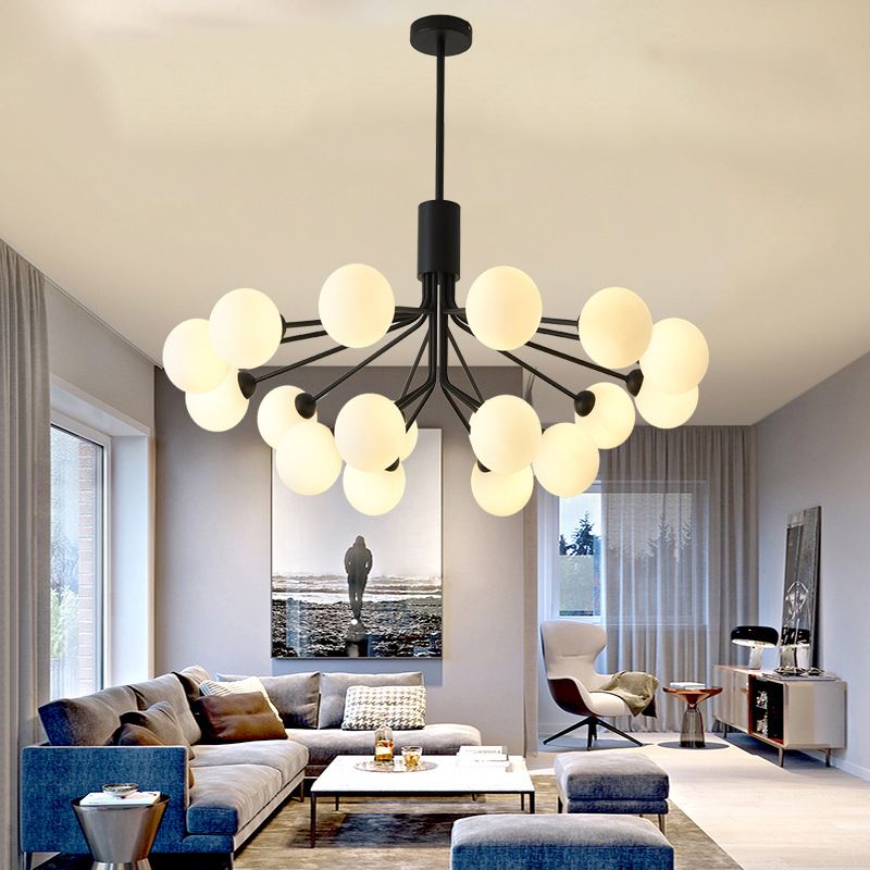 Black Metal Hanging Chandelier Light Modern Opal Glass Shade Ceiling Chandelier for Living Room