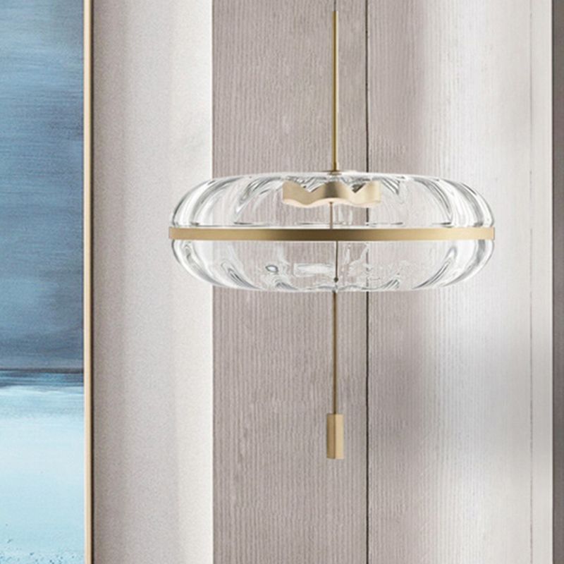 Clear Ribbed Glass Doughnut Pendant Post-Modern 1 Head Brass Hanging Light Fixture over Table