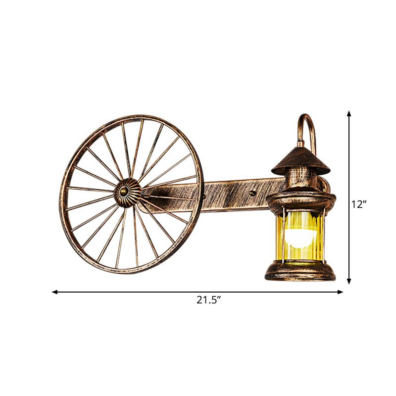 1 Glühbaumbernglas -Wandleuchter Küste Messinnen -Eckwandmauer mit Wagenrad -Deco