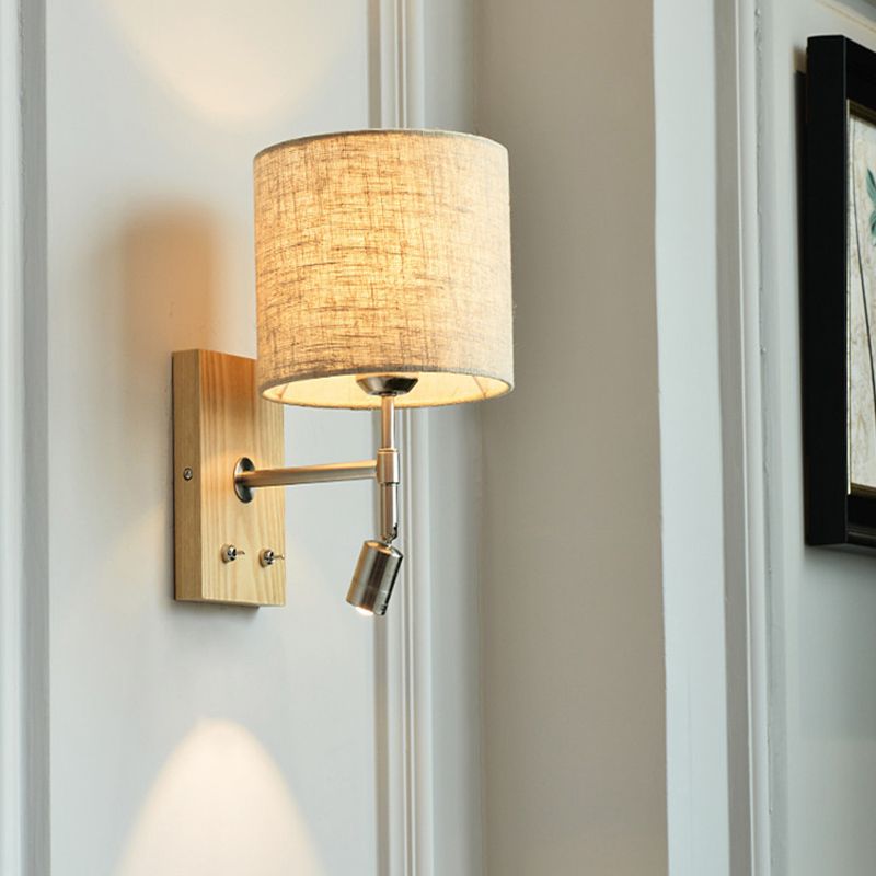 Cylinder Fabric Shade Bedside Reading Wall Light 2-Lights Wooden Simplicity Wall Sconce
