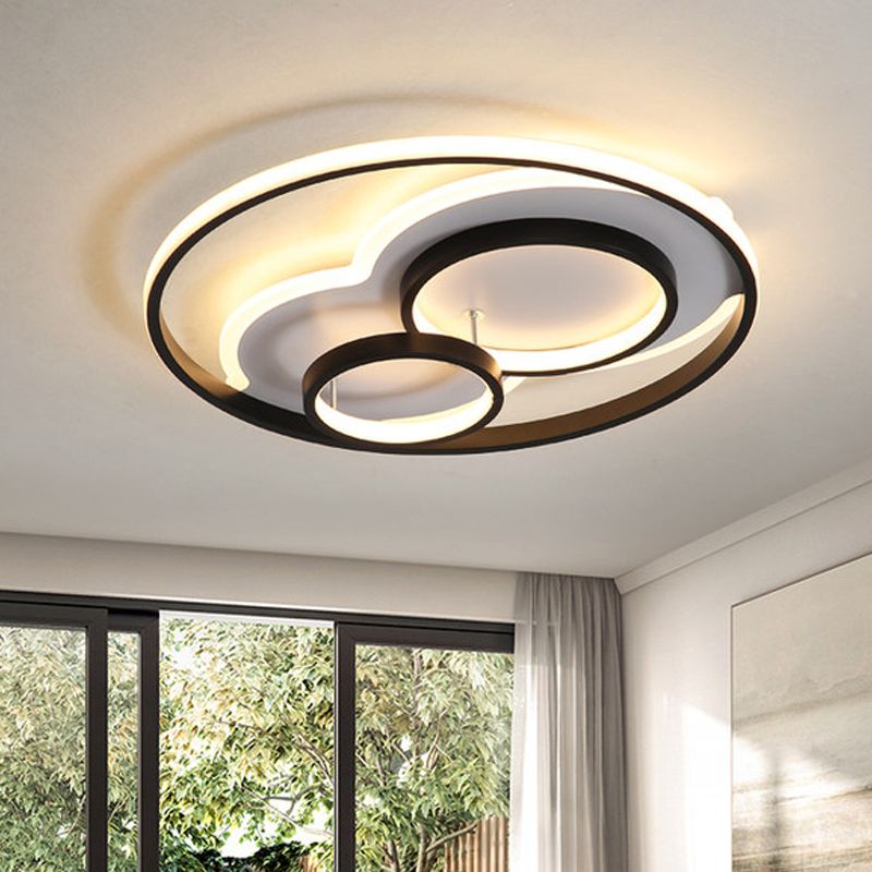 Multi-Ring Acrylic Ceiling Mount Lamp Modernism Black LED Flush Mount Recessed Lighting in Warm/White Light, 16"/19.5" Width