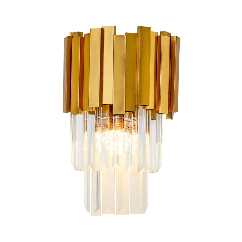 Tiered Wall Light Sconce Modern Style Metal 1 Light Golden Sconce Lamp with Clear Crystal Prism