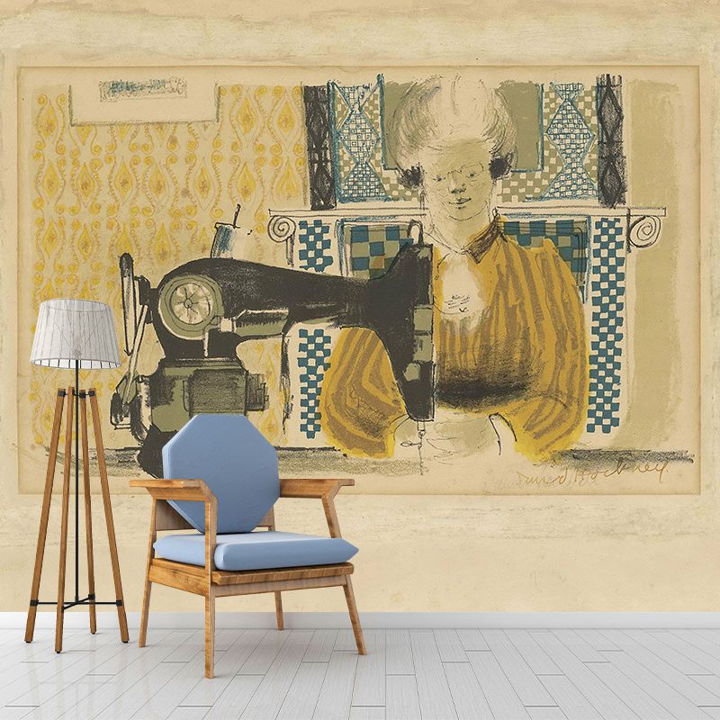 Pastel Color Art Deco Murals Full Size Woman with Sewing Machine Drawing Wall Covering for Home