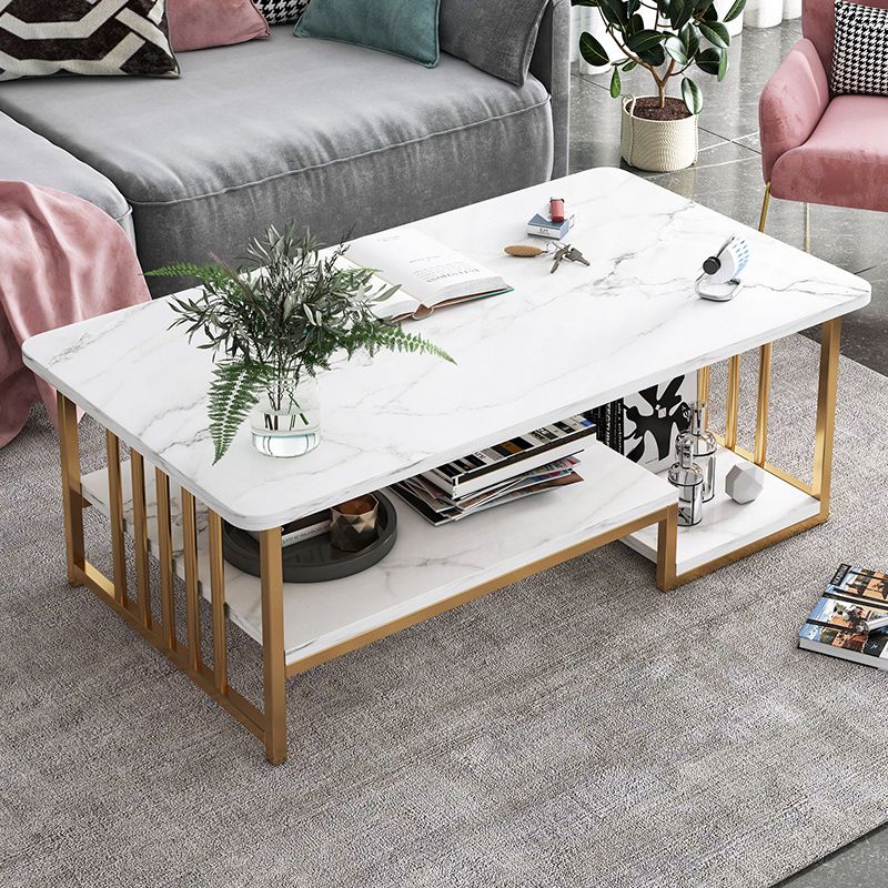 Modern Metal Marble Coffee Table Rectangle Cocktail Table with Shelf
