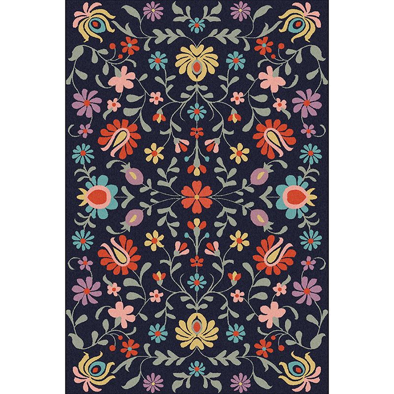 Classic Floral Pattern Rug with Leaf Navy Polyester Rug Machine Washable Non-Slip Area Rug for Bedroom