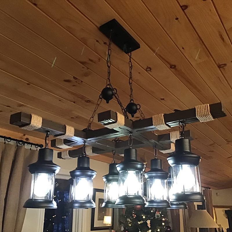 8-Lights Industrial Style Island Pendants Wood Pendant Lights for Dining Room