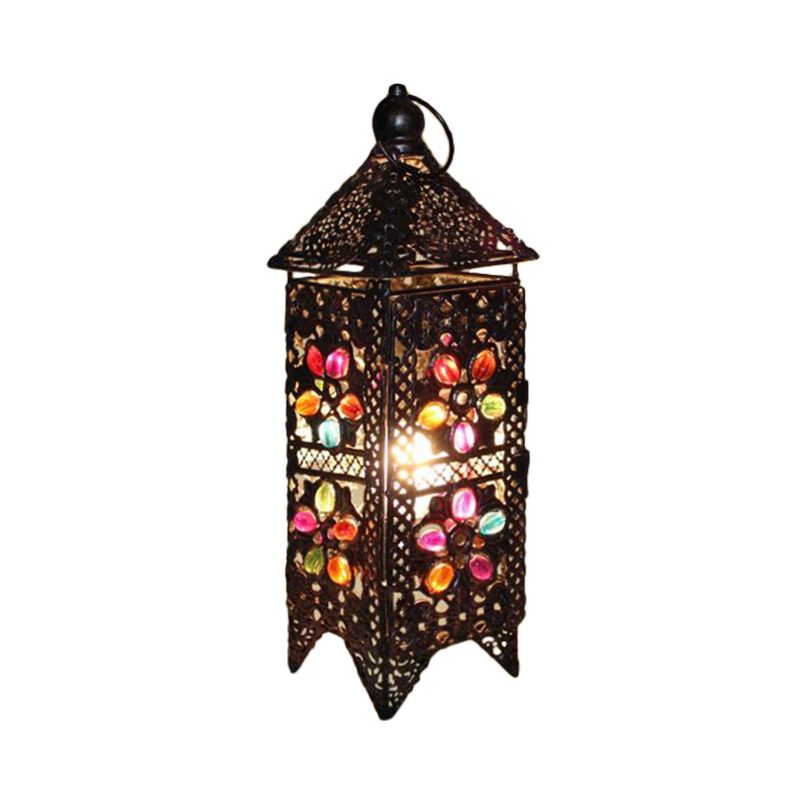 Lampada da comodino a lanterna bohémien con 1 lampadina, illuminazione da comodino in metallo in viola/rosso per soggiorno