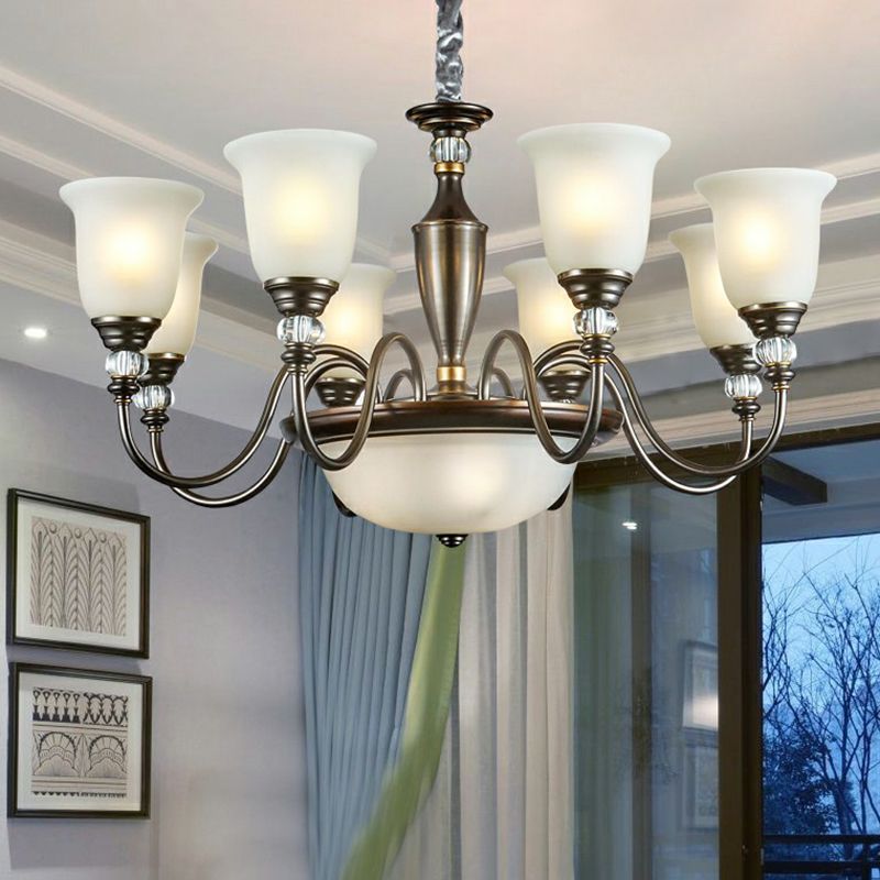 Black Curved Chandelier Pendant Light Vintage Iron Living Room Hanging Light with Bell Opal Glass Shade