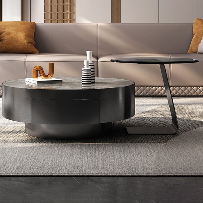 Glam Cocktail Table Drum Slate with Drawer Round Single Coffee Table