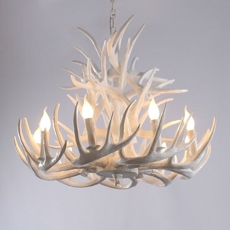 Bulbe Bare Antler Chandelier Country Style Suspension en résine blanche Lumière pour le salon