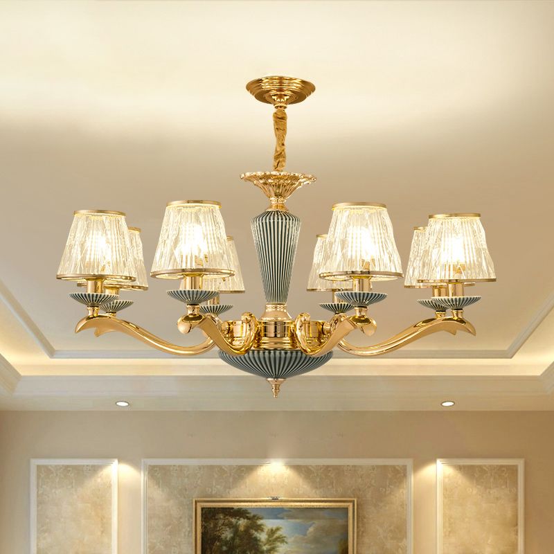 Clear Ribbed Glass Chandelier Lighting Antique Gold Conic Bedroom Ceiling Pendant Lamp
